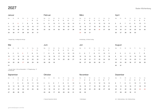 Kalender 2027 Baden-Württemberg mit Feiertagen — Vorschau der PDF-Vorlage zum Ausdrucken