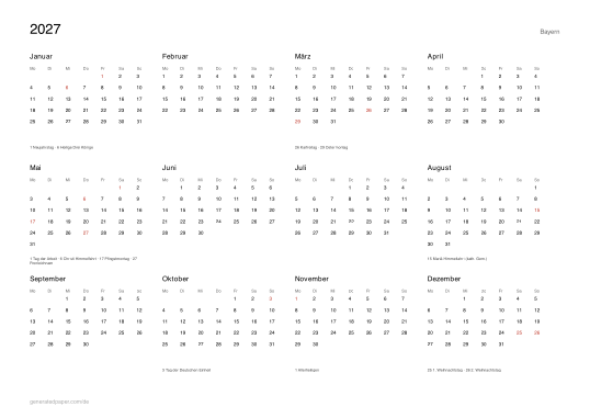 Kalender 2027 Bayern mit Feiertagen — Vorschau der PDF-Vorlage zum Ausdrucken