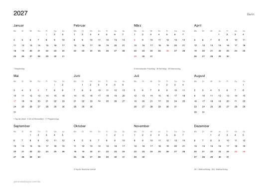 Kalender 2027 Berlin mit Feiertagen — Vorschau der PDF-Vorlage zum Ausdrucken