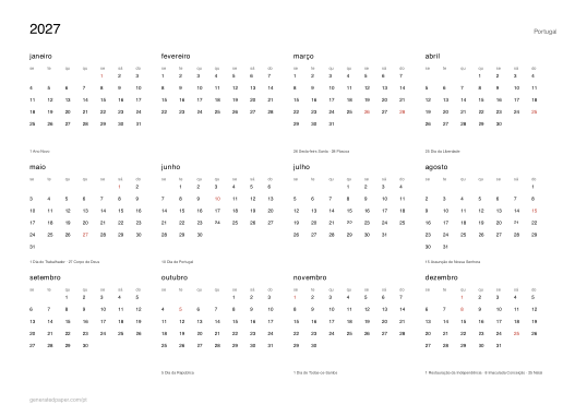 Calendário 2027 com feriados de Portugal — pré-visualização do PDF para imprimir