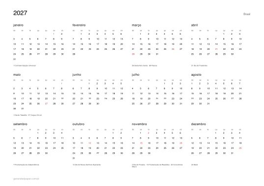 Calendário 2027 com feriados nacionais para imprimir — pré-visualização do PDF para imprimir