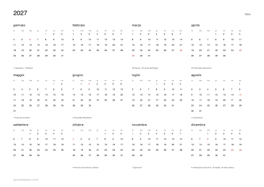 Calendario 2027 con festività da stampare — anteprima del PDF da stampare