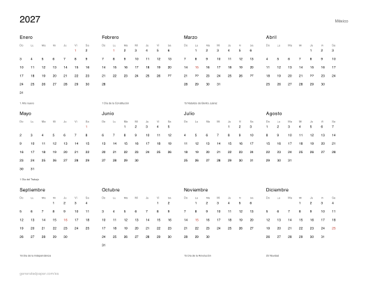 Calendario 2027 con días festivos de México — vista previa del PDF para imprimir