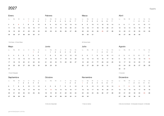 Calendario 2027 con festivos nacionales para imprimir — vista previa del PDF para imprimir