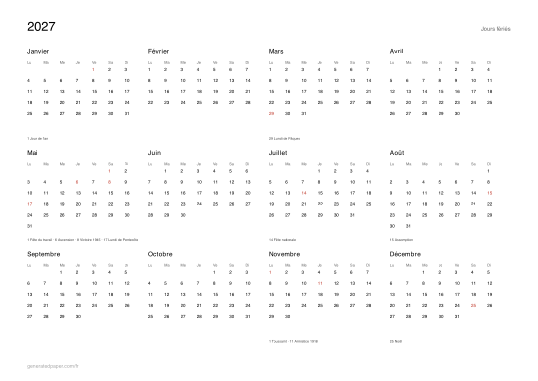 Calendrier 2027 avec jours fériés à imprimer — aperçu du PDF à imprimer