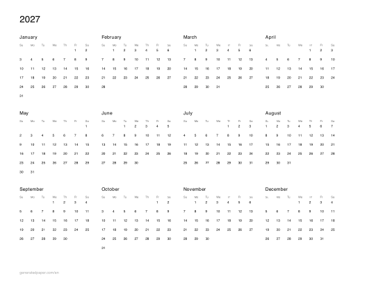 Calendar 2027 to Print