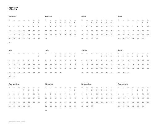 Calendrier 2027 à imprimer — aperçu du PDF à imprimer