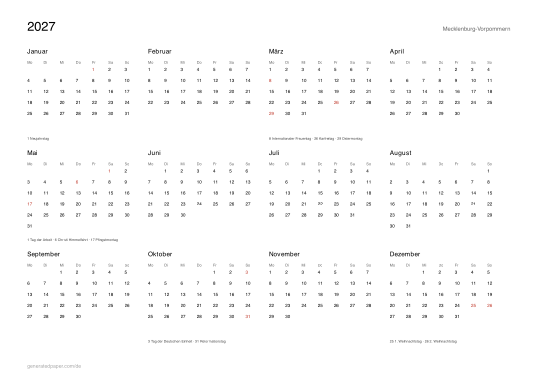 Kalender 2027 Mecklenburg-Vorpommern mit Feiertagen — Vorschau der PDF-Vorlage zum Ausdrucken