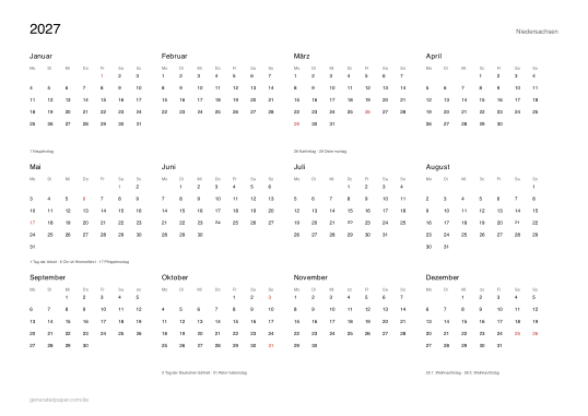 Kalender 2027 Niedersachsen mit Feiertagen — Vorschau der PDF-Vorlage zum Ausdrucken