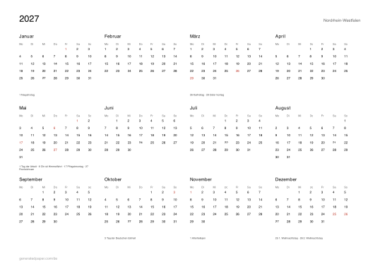 Kalender 2027 Nordrhein-Westfalen mit Feiertagen — Vorschau der PDF-Vorlage zum Ausdrucken