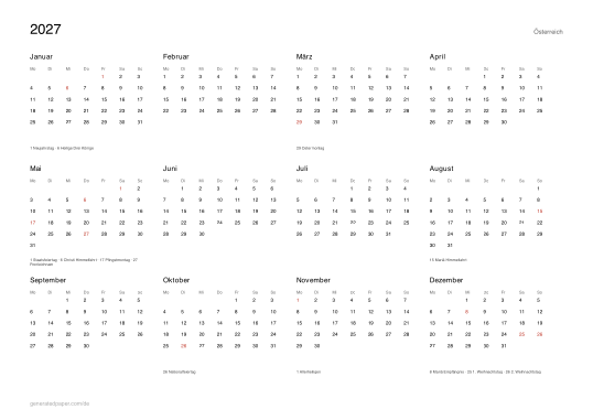 Kalender 2027 Österreich mit Feiertagen — Vorschau der PDF-Vorlage zum Ausdrucken