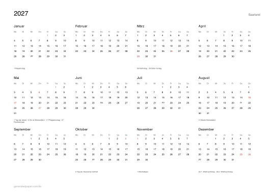 Kalender 2027 Saarland mit Feiertagen — Vorschau der PDF-Vorlage zum Ausdrucken