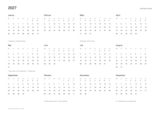 Kalender 2027 Sachsen-Anhalt mit Feiertagen — Vorschau der PDF-Vorlage zum Ausdrucken