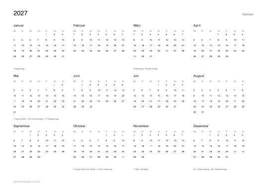 Kalender 2027 Sachsen mit Feiertagen — Vorschau der PDF-Vorlage zum Ausdrucken