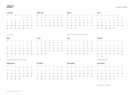 2027 Calendar with UK Bank Holidays — printable PDF preview