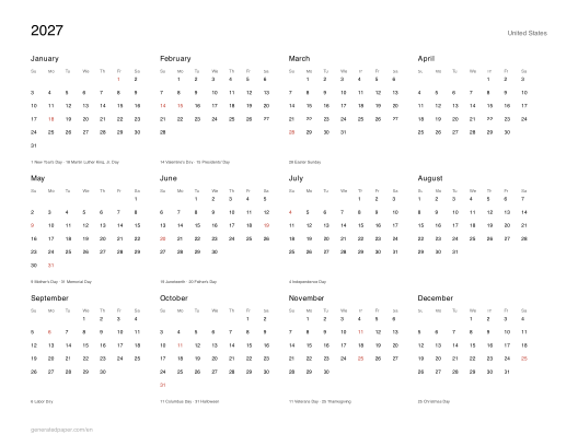 2027 Calendar with US Holidays — printable PDF preview