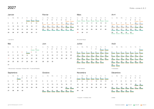 Calendrier 2027 avec vacances scolaires (zones A, B et C) — aperçu du PDF à imprimer