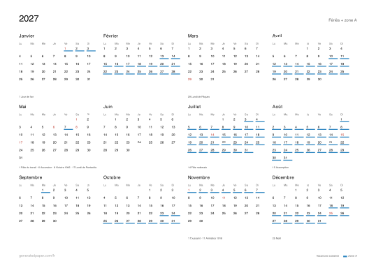 Calendrier 2027 zone A avec vacances scolaires — aperçu du PDF à imprimer