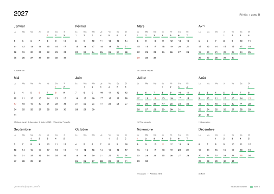 Calendrier 2027 zone B avec vacances scolaires — aperçu du PDF à imprimer