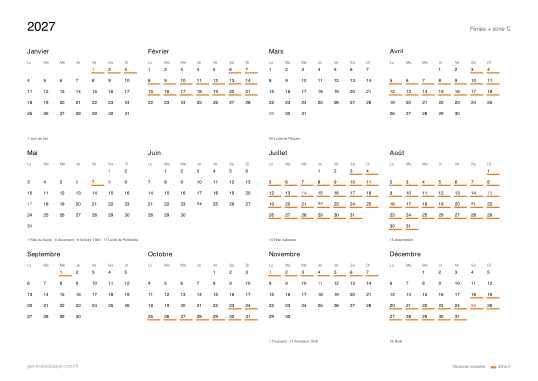Calendrier 2027 zone C avec vacances scolaires — aperçu du PDF à imprimer