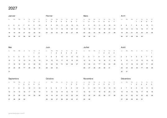 Calendrier 2027 à imprimer — aperçu du PDF à imprimer