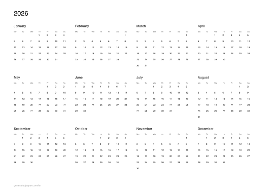 Yearly Calendar to Print – Free One-Page PDF