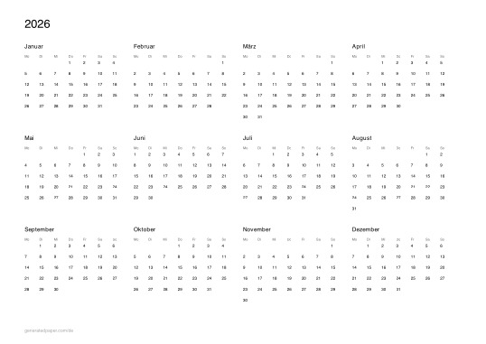 Jahreskalender zum Ausdrucken – Kostenlos als PDF — Vorschau der PDF-Vorlage zum Ausdrucken