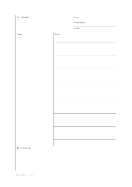 Cornell Notizpapier A4 – Weit liniert — Vorschau der PDF-Vorlage zum Ausdrucken