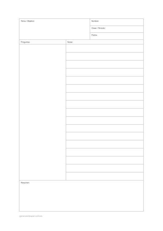 Plantilla Cornell A4 – Líneas Amplias — vista previa del PDF para imprimir