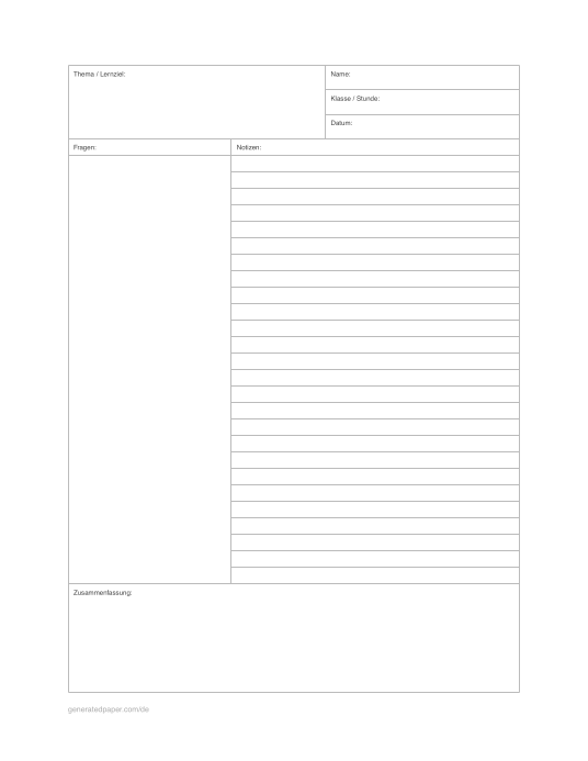 Cornell Notizpapier Letter – Eng liniert — Vorschau der PDF-Vorlage zum Ausdrucken