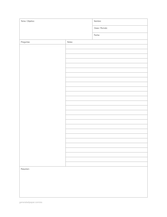 Plantilla Cornell Carta – Líneas Estrechas — vista previa del PDF para imprimir