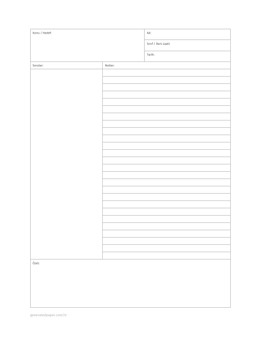 Dar Satırlı Cornell Not Kağıdı Letter — yazdırılabilir PDF önizlemesi