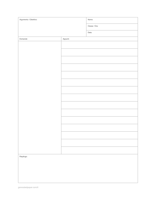 Appunti Cornell Letter – righe larghe — anteprima del PDF da stampare