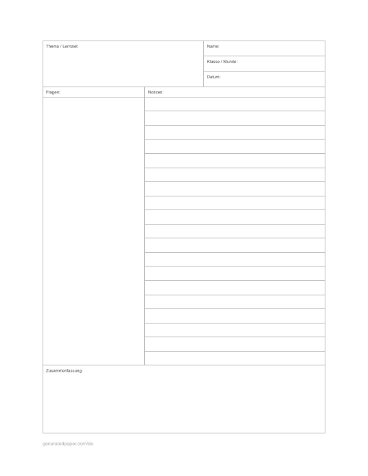 Cornell Notizpapier Letter — Vorschau der PDF-Vorlage zum Ausdrucken