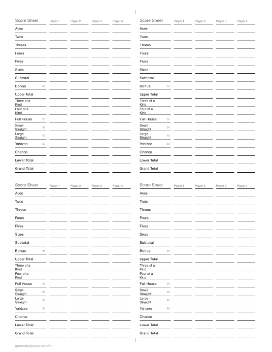 Four score sheets on one page — printable PDF preview