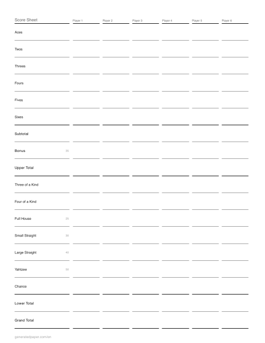Score sheet for six players — printable PDF preview
