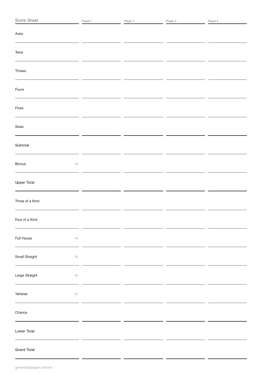 Dice Game Score Sheet — printable PDF preview