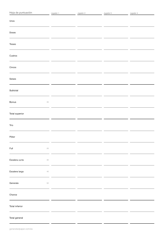 Hoja de puntuación para juegos de dados — vista previa del PDF para imprimir