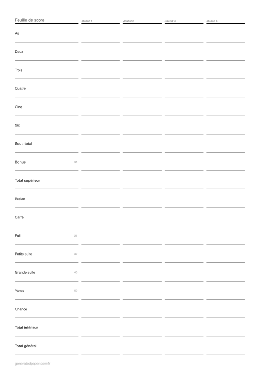 Feuille de score pour jeux de dés — aperçu du PDF à imprimer