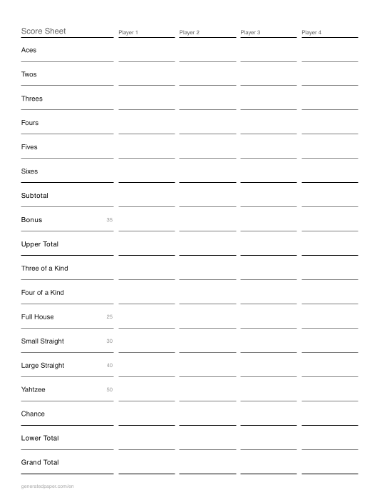 Large print score sheet for Yahtzee — printable PDF preview