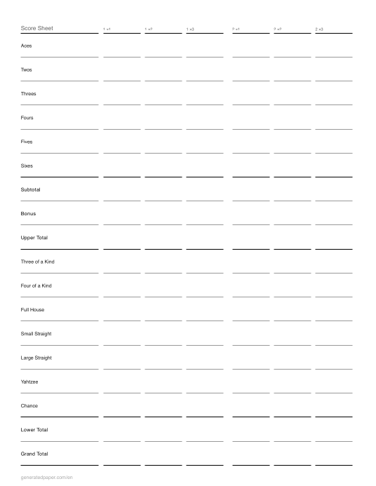 Score sheet for Triple Yahtzee — printable PDF preview