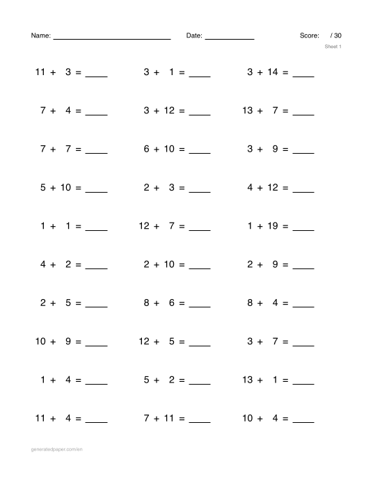 Addition Worksheets — printable PDF preview