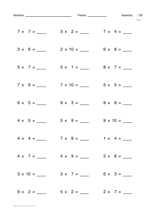 Tablas de multiplicar y fichas de cálculo — vista previa del PDF para imprimir