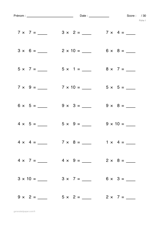 Tables de multiplication et fiches de calcul — aperçu du PDF à imprimer