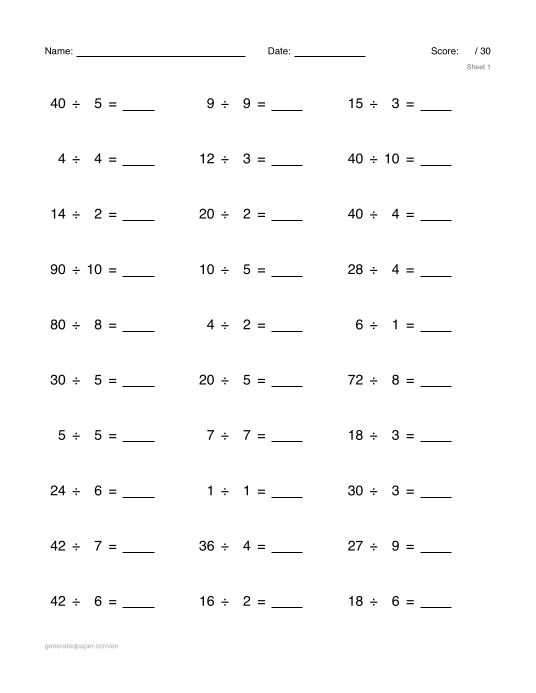 Division Worksheets — printable PDF preview