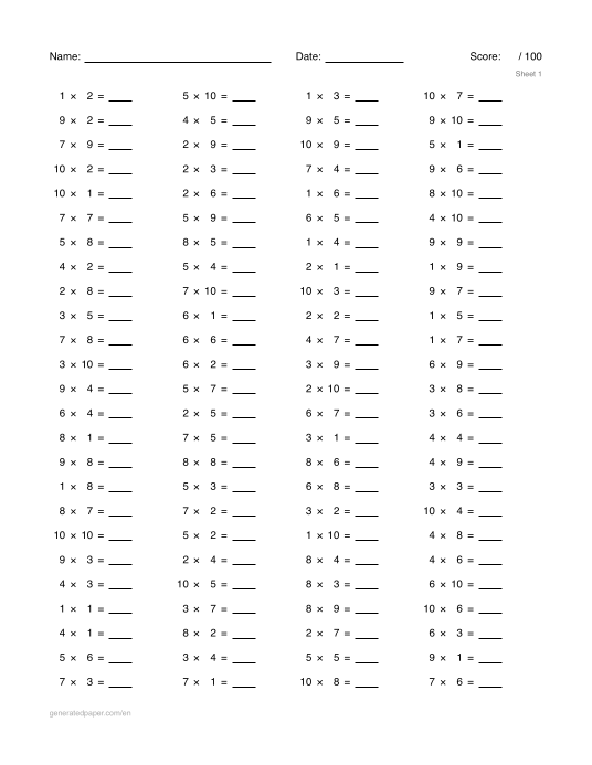 Multiplication Worksheets: 100 Facts — printable PDF preview