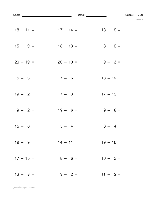 Subtraction Worksheets — printable PDF preview