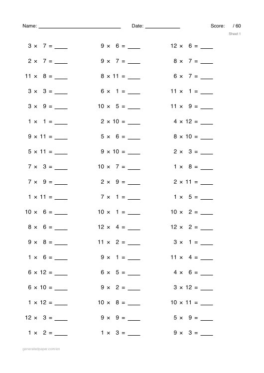 Times Tables Worksheets (1–12) — printable PDF preview